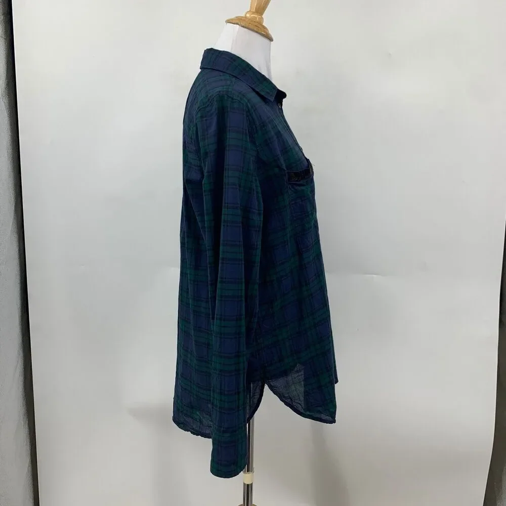 J Crew Popover Shirt Womens M Medium Plaid Beaded Pockets Half Button Oversized